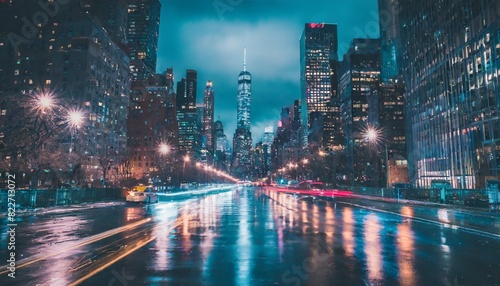 Rain-soaked streets reflecting the neon lights of New York City s skyline.
