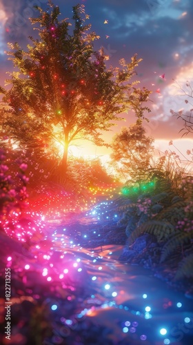 3D render ofA beautiful landscape transformed with rainbow lights, celebrating the inclusivity of Pride.,photo realistic, high resolution photography, photographed in the style Photography