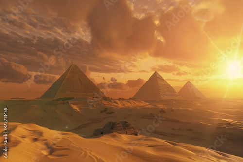 Pyramids at sunset in Egypt  a fantasy Egyptian landscape with ancient monuments and sandy desert.