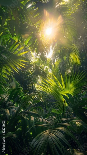 Sunlight shining through the leaves of a tropical tree