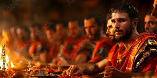 Roman patricians at extravagant banquet showcasing social aspects of ancient Roman feasts. Concept Ancient Rome, Patricians, Banquets, Social Aspects, Feast photo