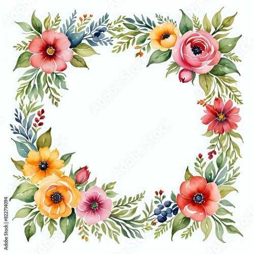 Watercolor decoration floral vintage ornament frame circle on isolated white background