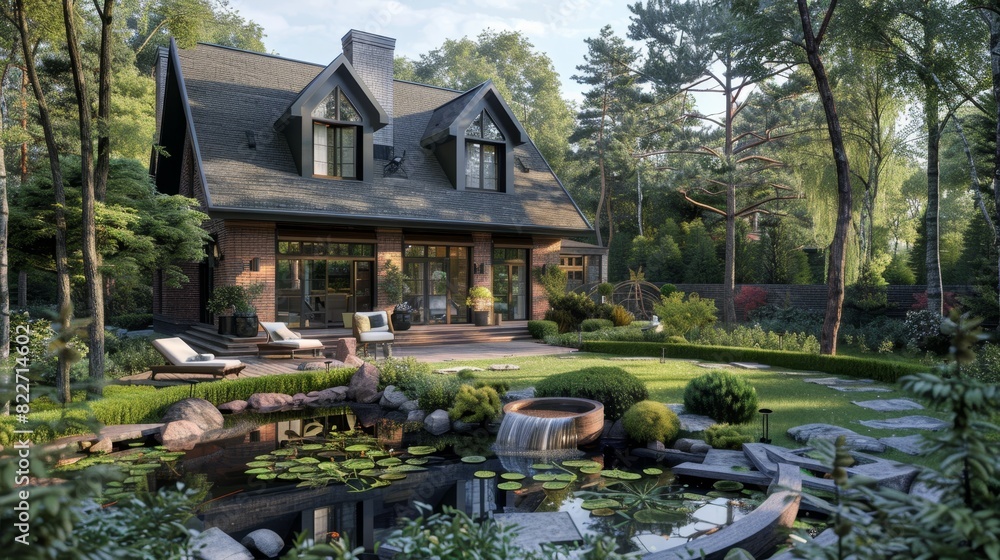 3D render ofA home with dormer windows and a water feature in the garden.,photo realistic, high resolution photography, photographed in the style Photography 3D render ofA home with dormer windows and a water feature in the garden.,photo realistic, high resolution photography, photographed in the style Photography