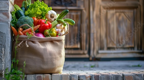 The concept of fresh organic vegetable delivery is depicted with a reusable bio eco sackcloth fabric bag standing near the entrance of a house door.  photo