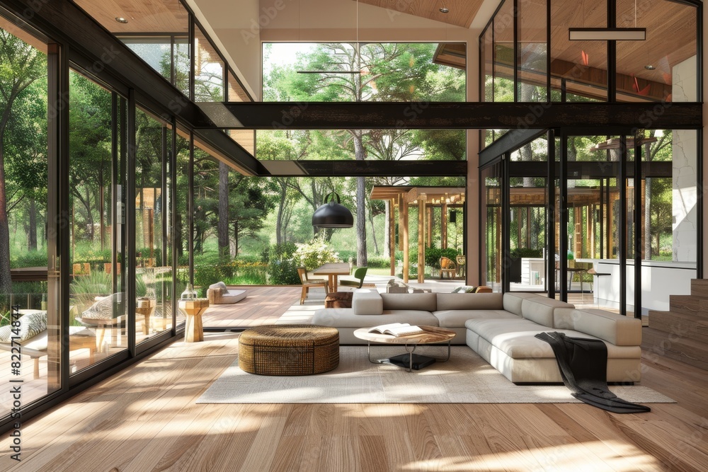 Fototapeta premium 3D render ofA house with a deck and a private retreat with floor-to-ceiling windows.,photo realistic, high resolution photography, photographed in the style Photography