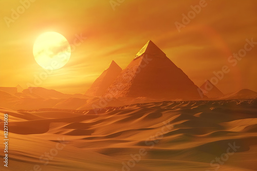 Pyramids at sunset in Egypt, creating a fantasy Egyptian landscape with ancient monuments rising from the sandy desert.