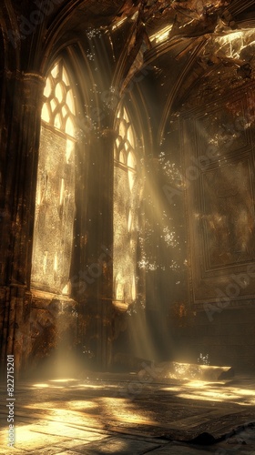 The haunting beauty of an abandoned throne room  its once-glorious tapestries now tattered and torn. Dust motes dance in the shafts of golden light that filter through broken windows 