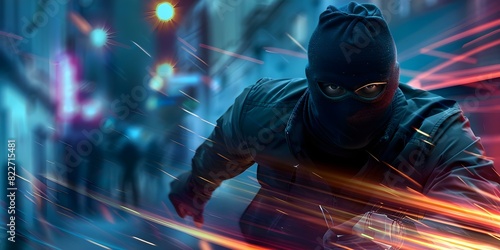 A thief wearing a black mask escapes the city with stolen goods. Concept Escape, Theft, City, Mask, Stolen Goods