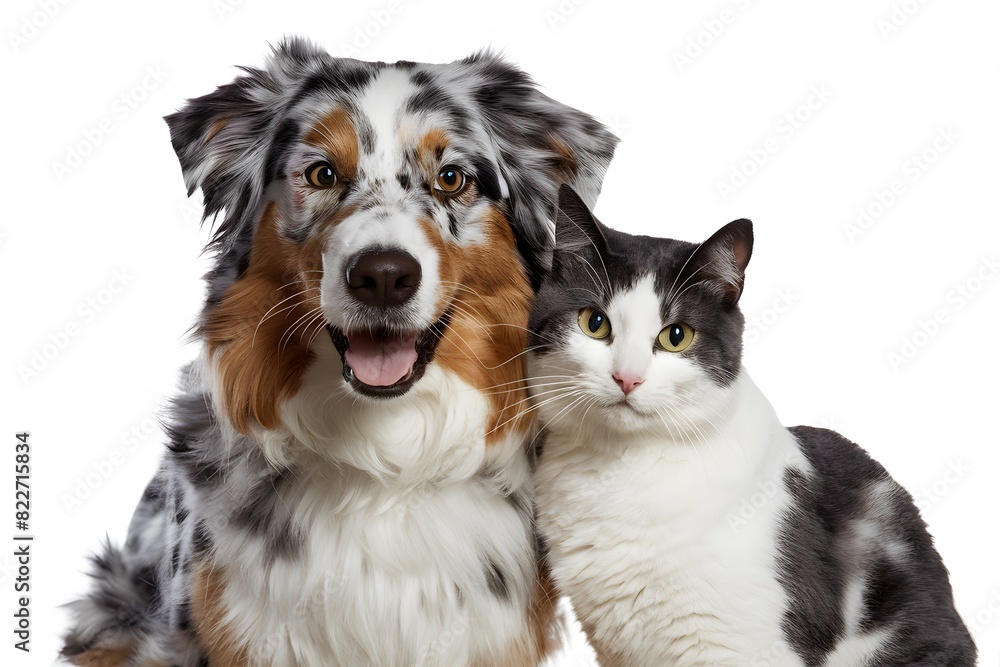 A colorful Australian Shepherd Dog and a white & gray cat bond together harmoniously