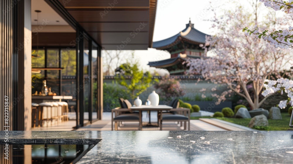 Geometric Art of A home with a patio and a designer kitchen with marble countertops.,The background includes softly blurred spring blossoms and a distant view of a traditional Korean pagoda. Geometric Art of A home with a patio and a designer kitchen with marble countertops.,The background includes softly blurred spring blossoms and a distant view of a traditional Korean pagoda.