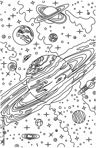 Planets in outer space. Black and white vector illustration for coloring book.