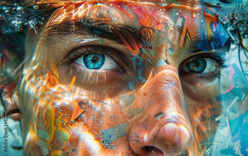Vibrant collage of a woman's face with underwater elements