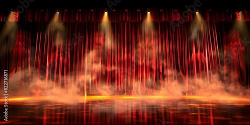 Theater Stage Set for Opera Performance  Empty with Red Curtains  Spotlight  and Fog. Concept Theater Stage Design  Opera Performance  Red Curtains  Spotlight  Fog effects