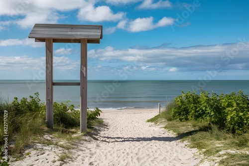 Tranquil beach setting with wooden signboard, pathway, calm sea, blue sky, plants bordering © Muhammad Shoaib