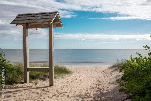 Tranquil beach setting with wooden signboard  pathway  calm sea  blue sky  plants bordering