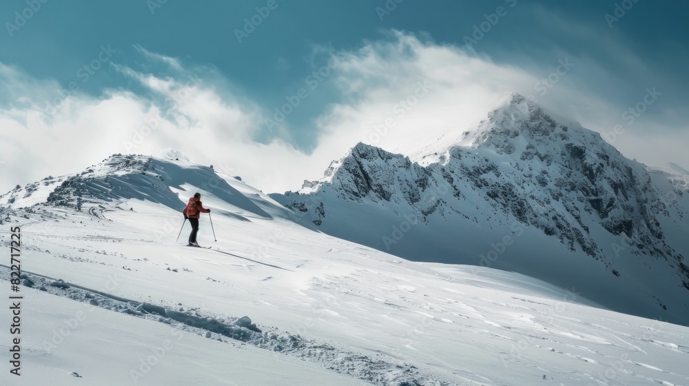 Adventurous journey standing on snow covered mountain with blue sky background