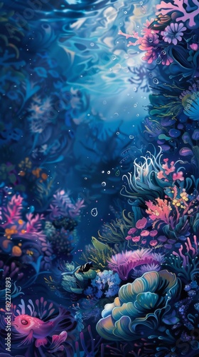 Painting of a sea scene with a fish and coral. . Vertical background  © Roman