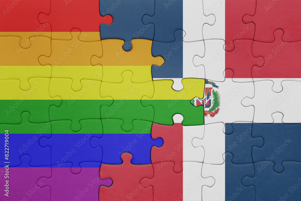 puzzle with the colourful national flag of dominican republic and rainbow gay pride flag . puzzle with the colourful national flag of dominican republic and rainbow gay pride flag .