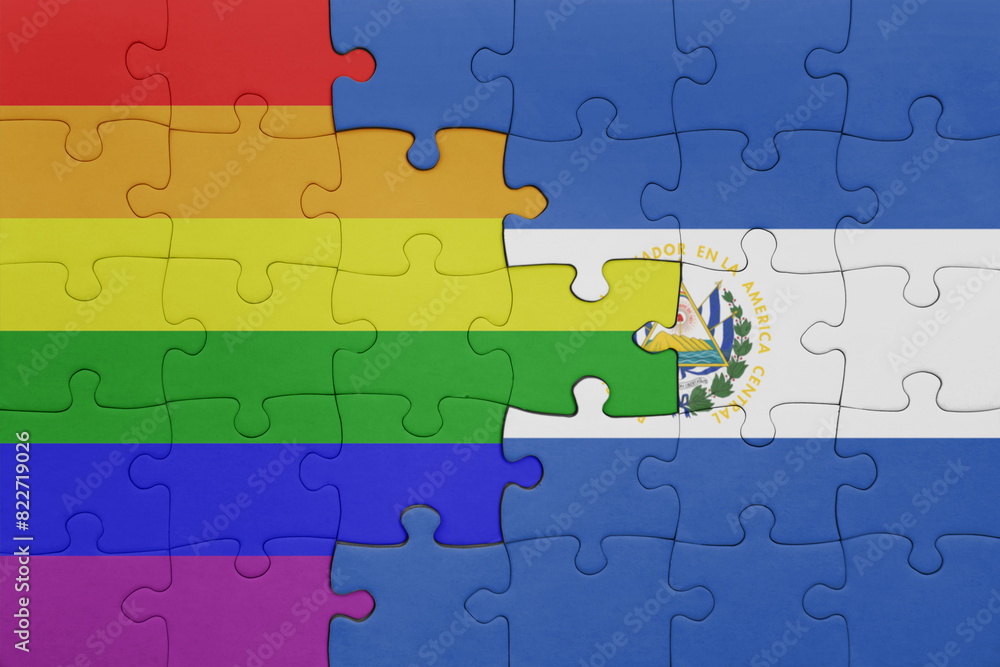 puzzle with the colourful national flag of el salvador and rainbow gay pride flag . puzzle with the colourful national flag of el salvador and rainbow gay pride flag .
