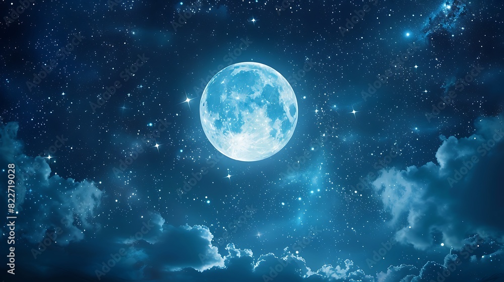 Fototapeta premium Enchanting Night Sky with Glowing Moon and Sparkling Stars - Serene Background for Dreamy Projects