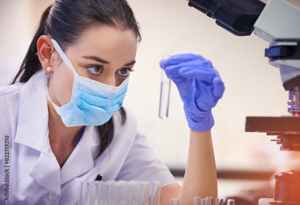 Liquid, woman and scientist with test tube in laboratory for investigation, experiment or testing. Research, pharmaceutical and science technician working with chemical fluid for medical study. Liquid, woman and scientist with test tube in laboratory for investigation, experiment or testing. Research, pharmaceutical and science technician working with chemical fluid for medical study.