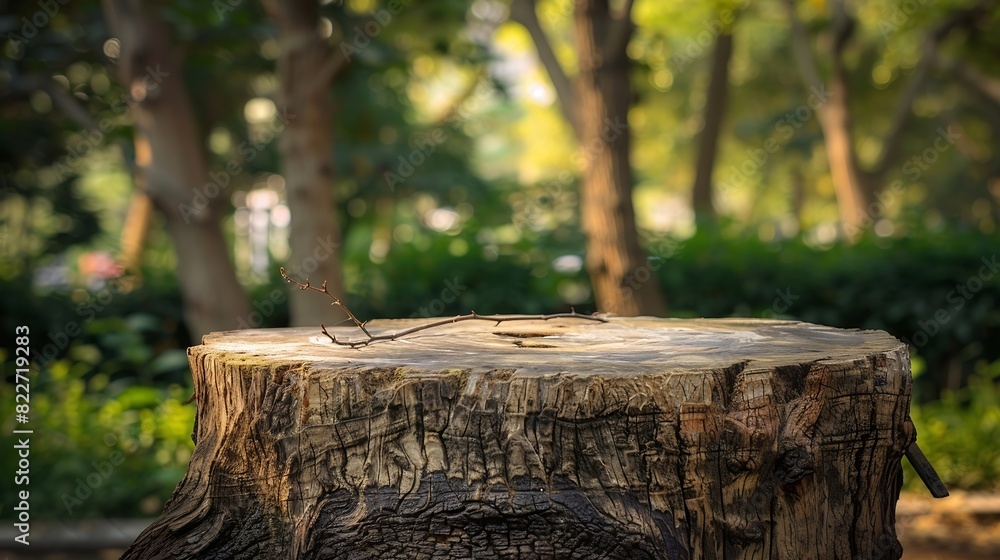 Tree trunk stump as a table in a nature garden park on holiday With a drooping tree branch trunk with a smooth surface to show your products trees and sunlight in background : Generative AI Tree trunk stump as a table in a nature garden park on holiday With a drooping tree branch trunk with a smooth surface to show your products trees and sunlight in background : Generative AI