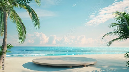 Summer tropical background Podium on sand beach on sea background Mock up for the exhibitions Presentation of products 3d render   Generative AI