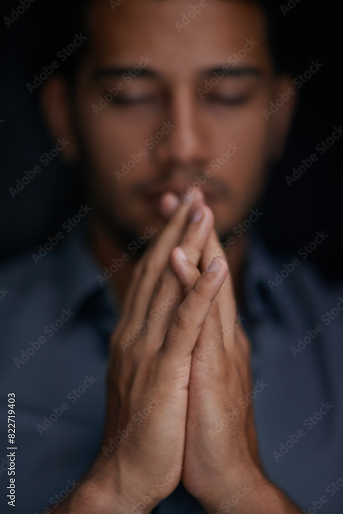 Man, hands and prayer with home, religion and gratitude for spiritual faith and belief. Christian, church and worship for compassion, understanding and confession for forgiveness and support Man, hands and prayer with home, religion and gratitude for spiritual faith and belief. Christian, church and worship for compassion, understanding and confession for forgiveness and support