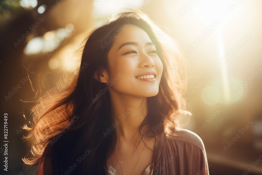 Outdoor portrait of a beautiful Asian American sun worshiper. Dream-like and ethereal atmosphere with extreme lens flare. Copy space. An expression of joy and enlightenment. Religious overtones Outdoor portrait of a beautiful Asian American sun worshiper. Dream-like and ethereal atmosphere with extreme lens flare. Copy space. An expression of joy and enlightenment. Religious overtones
