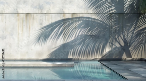 Tropical summer background with concrete wall pool water and palm leaf shadow Luxury hotel resort exterior for product placement Outdoor vacation holiday house scene neutral architectu : Generative AI photo