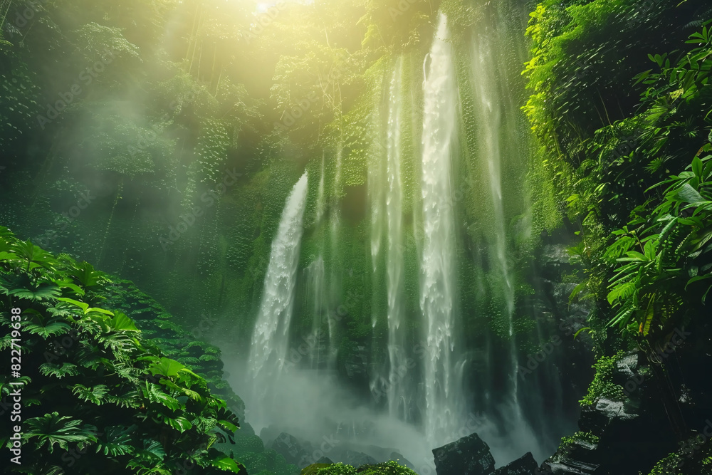 Beautiful waterfall in a tropical rainforest with lush Beautiful waterfall in a tropical rainforest with lush