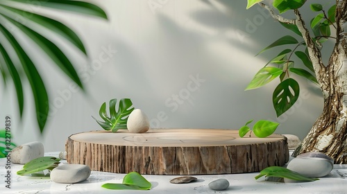 Wood podium with green leaves and natural stones Abstract podium for organic cosmetic products Natural stand for presentation and exhibitions Front view   Generative AI