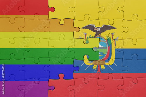 puzzle with the colourful national flag of ecuador and rainbow gay pride flag .