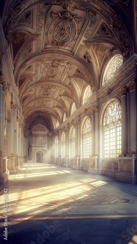 The silent grandeur of an empty throne room  its high ceilings adorned with intricate carvings and gilded moldings. Sunlight streams in through stained glass windows 