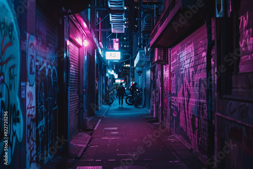 Cyberpunk alleyway with graffiti neon signs and shadow photo
