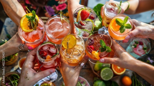 A group of people are holding up glasses of various cocktails