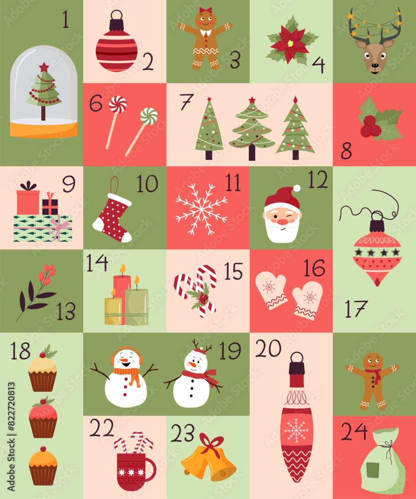 Fototapeta premium Advent calendar. Surprise cards. Christmas. Christmas tree and gingerbread men. Magic ball and Santa. Sweets - cupcakes and candy cane. Vector. Flat style. Vector illustration