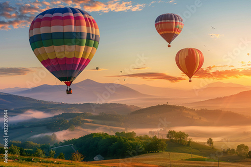 Colorful hot air balloons floating over a picturesque scene