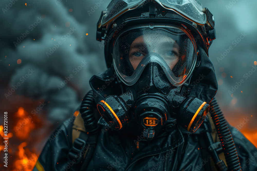 Brave Firefighter in Full Gear and Gas Mask Battling Intense Blaze with Thick Smoke in the Background Brave Firefighter in Full Gear and Gas Mask Battling Intense Blaze with Thick Smoke in the Background