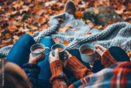 Cozy autumn scene with people enjoying hot drinks photo