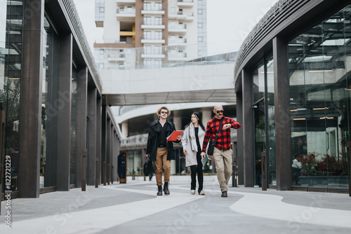 Three professionals discuss strategies while walking through an urban business district. © qunica.com