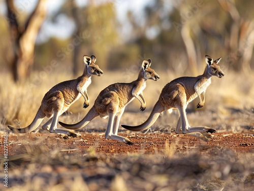 A playful herd of kangaroos bounding through the vast Australian outback under the sunny sky. photo