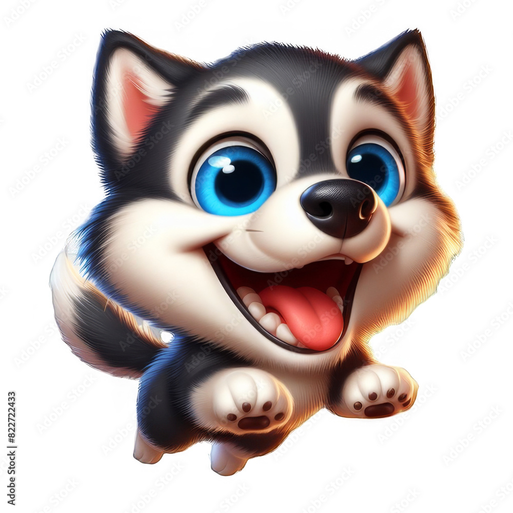 Obraz premium Funny and playful husky or pet dog is playing and jumping and looks happy isolated on transparent background. Little husky dog pretending. Cute and happy crazy dog ​​head smiling on transparent png