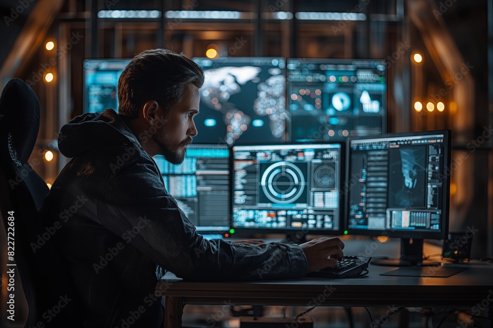 Man at workstation with multiple monitors Man at workstation with multiple monitors