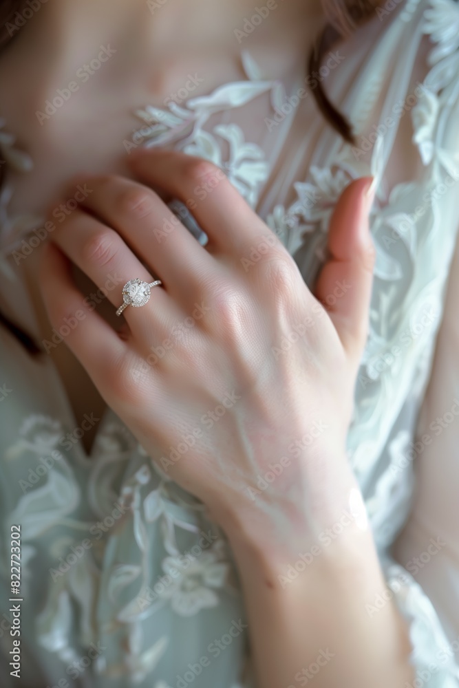 Close up of a bride wearing a diamond engagement ring, yellow gold band, simple design Close up of a bride wearing a diamond engagement ring, yellow gold band, simple design