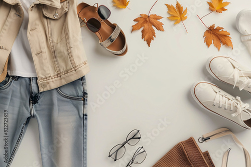 Fashionable outfit flat lay with clothing accessories photo