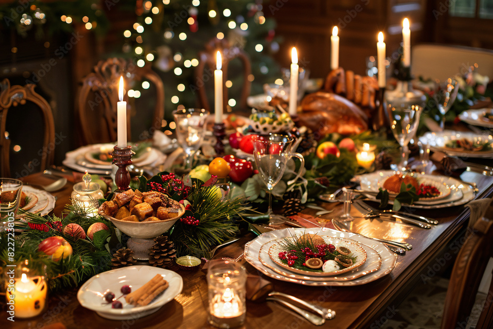 Festive holiday table setting with candles decorations