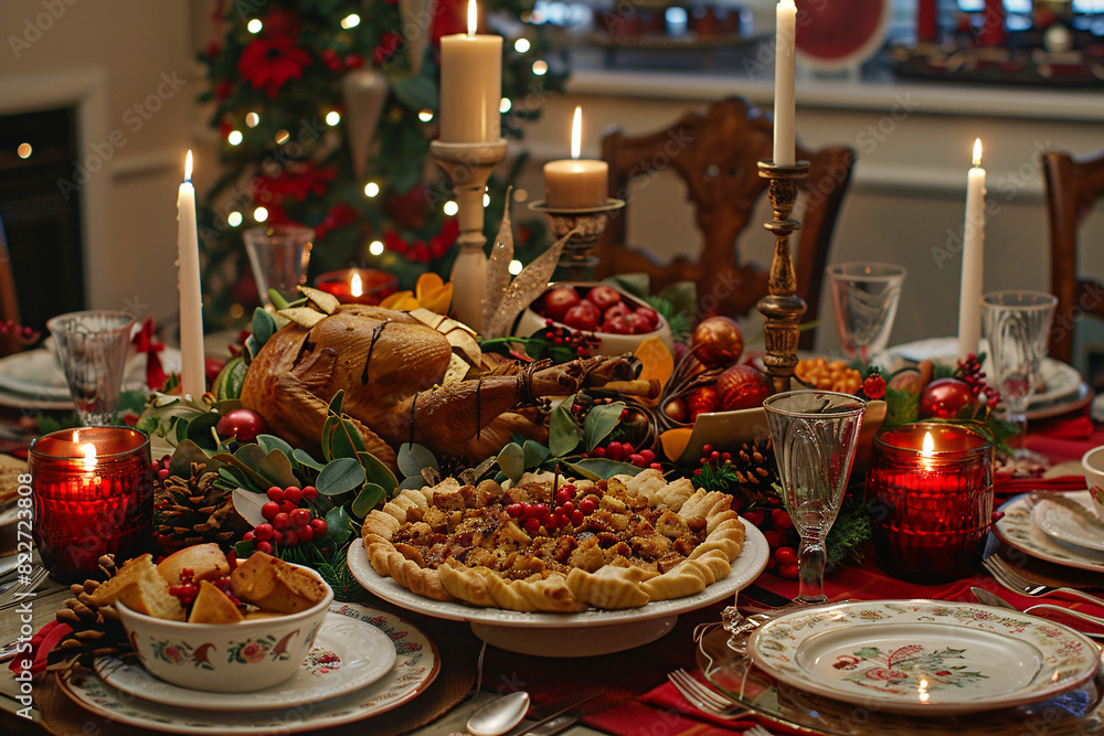 Festive holiday table setting with candles decorations Festive holiday table setting with candles decorations