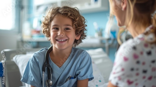 A dedicated nurse in scrubs assisting a child with a comforting smile, while the child sits on a hospital bed, showcasing a nurturing and caring moment in a pediatric ward