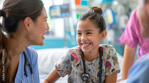 A dedicated nurse in scrubs assisting a child with a comforting smile, while the child sits on a hospital bed, showcasing a nurturing and caring moment in a pediatric ward